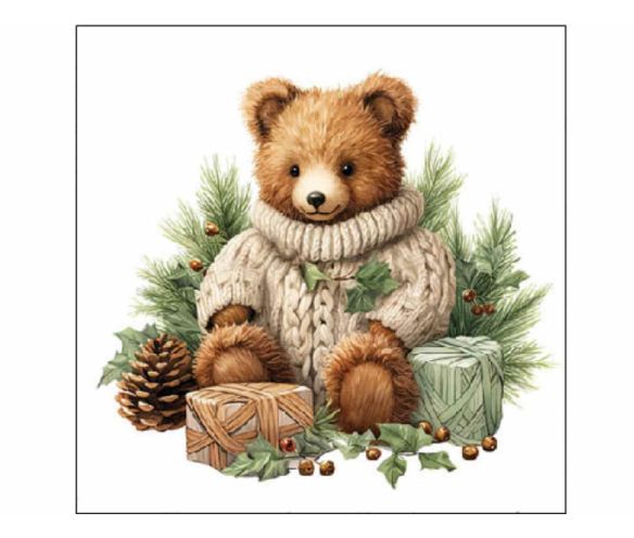 Serviette papier Noël aquarelle ourson pull tricot cadeaux sapin pomme de pin houx 33x33cm