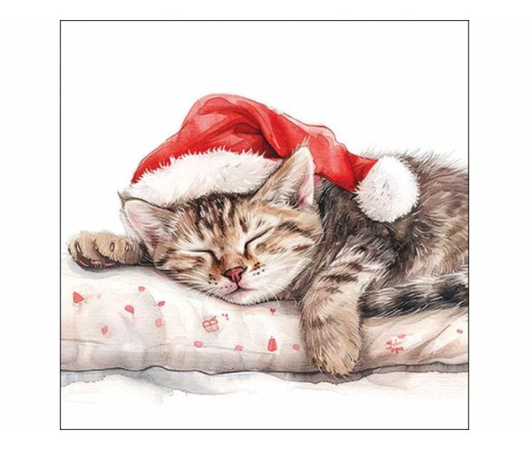 Serviette papier Noël aquarelle chaton endormi bonnet rouge Père Noël coussin 33x33cm