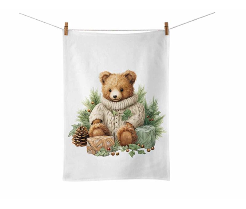 Essuie coton blanc ourson pull tricot cadeaux feuillage pommes de pin Noël 50x70cm