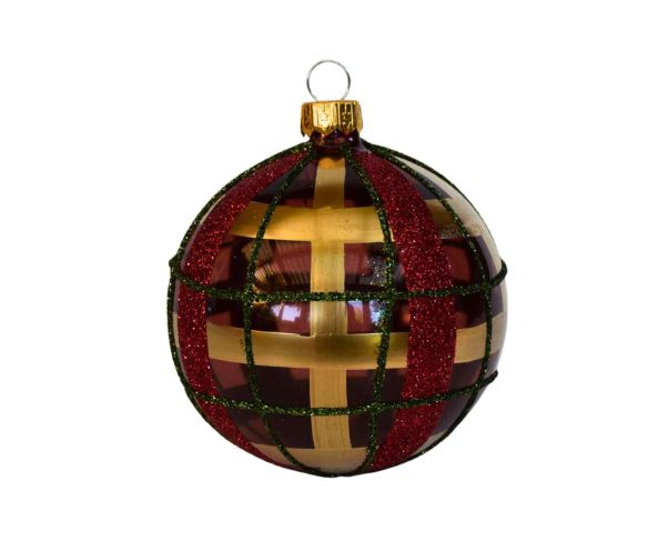 Boule de Noël cappuccino verre tartan doré rouge vert pailleté D8cm