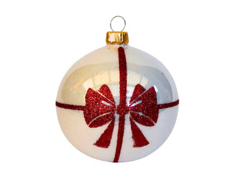Boule de Noël blanche noeud rouge 8 cm