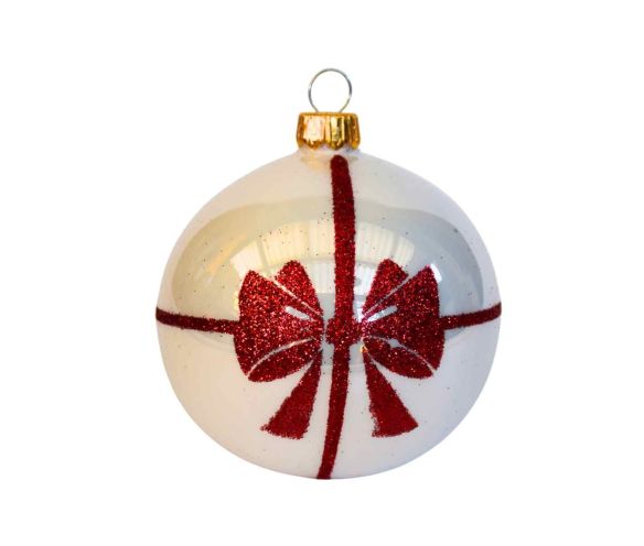 Boule de Noël blanche verre nœud rouge pailleté ruban cadeau D8cm
