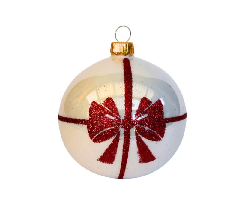 Boule de Noël blanche verre nœud rouge pailleté ruban cadeau D8cm