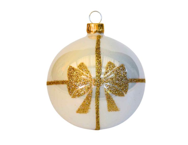 Boule de Noël blanche noeud doré 8 cm
