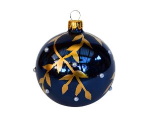 Boule de Noël bleu nuit décorée de feuillage doré et perles nacrées, en verre 8 cm.