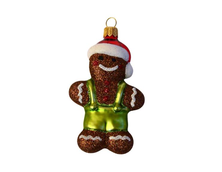 Suspension de Noël en verre soufflé en forme de bonhomme pain d’épices, décorée à la main, hauteur 12 cm.