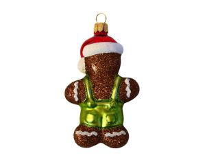 Suspension de Noël en verre soufflé en forme de bonhomme pain d’épices, décorée à la main, hauteur 12 cm.