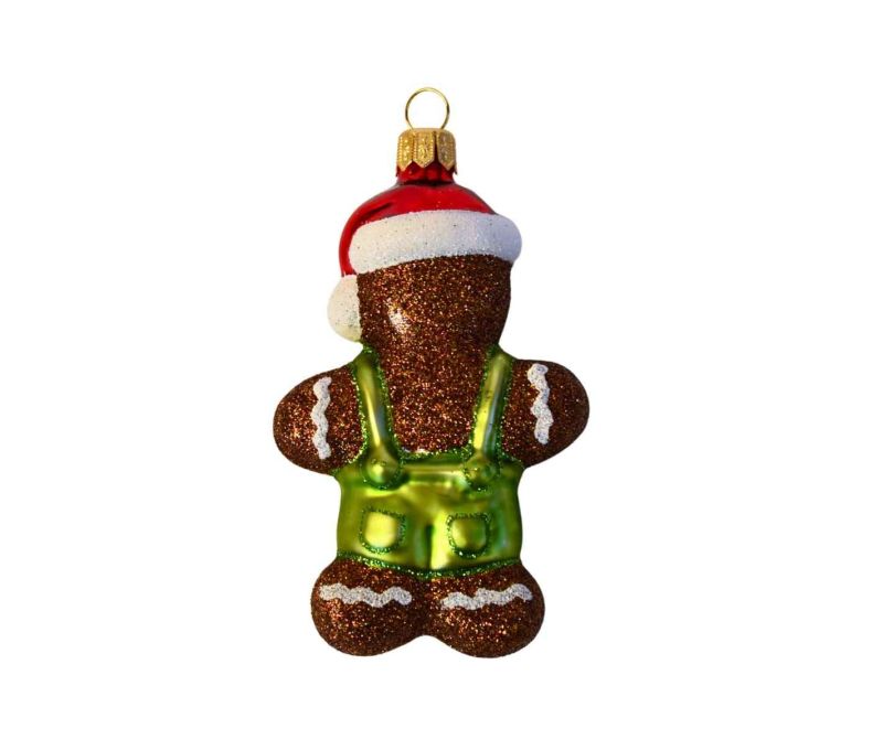 Suspension de Noël en verre soufflé en forme de bonhomme pain d’épices, décorée à la main, hauteur 12 cm.