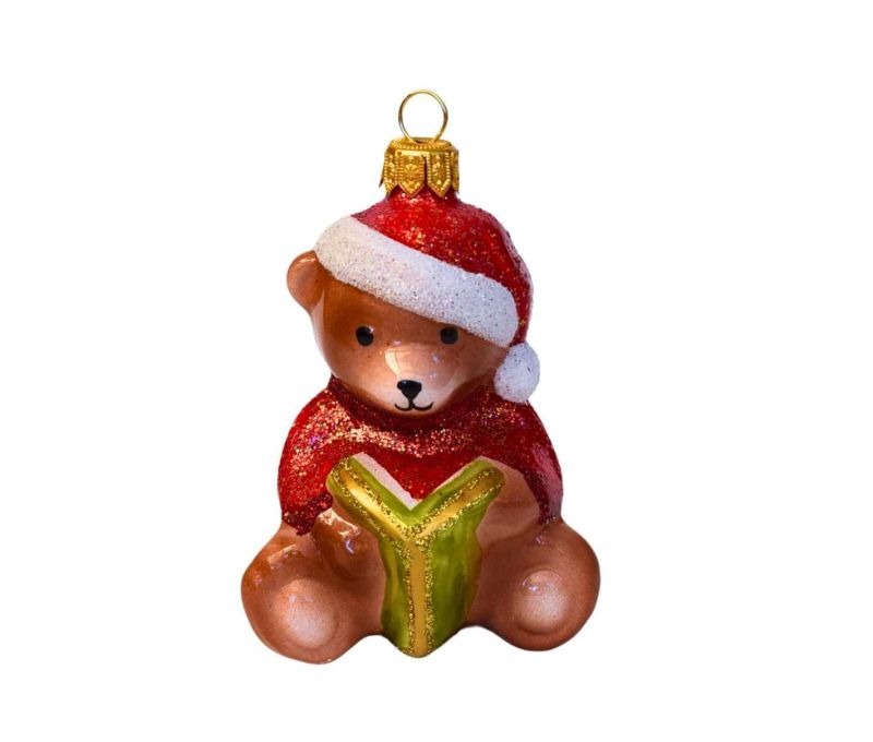 Suspension de Noël ourson brun bonnet de Père Noël rouge pailleté livre vert H10cm