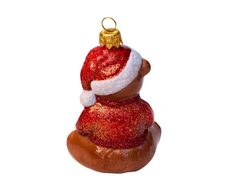 Suspension de Noël ourson brun bonnet de Père Noël rouge pailleté livre vert H10cm
