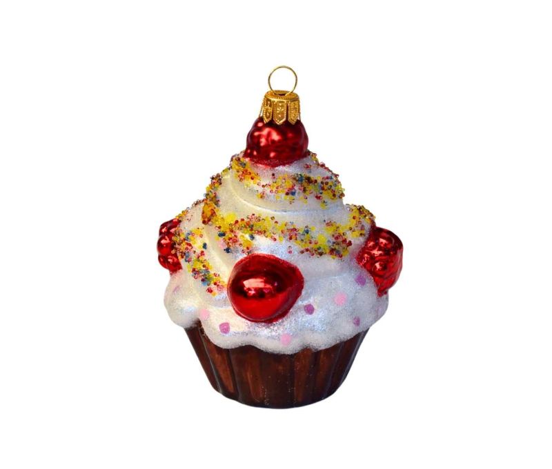 Suspension de Noël cupcake glaçage blanc cerise rouge éclats colorés caissette brune H11cm
