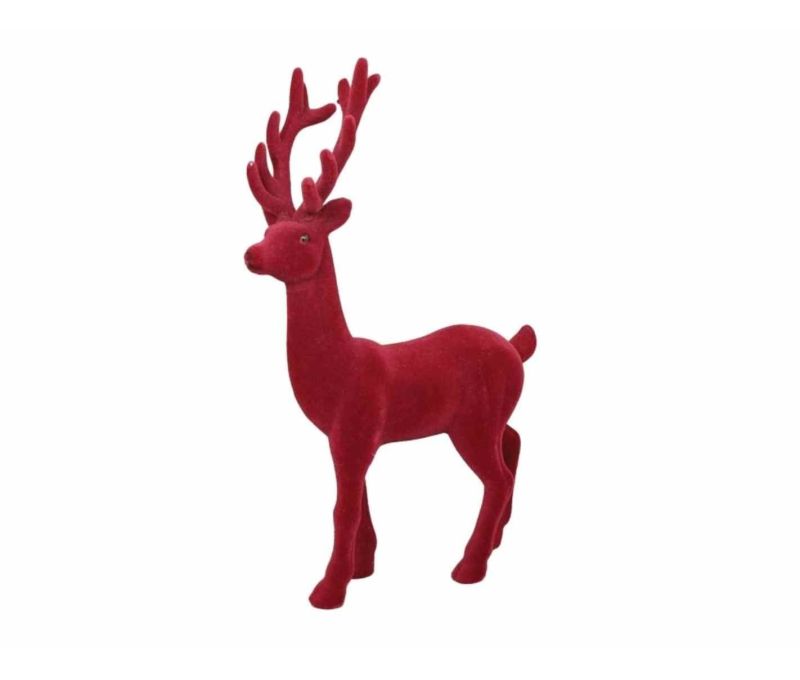 Cerf décoratif H37cm en velours floqué bordeaux, silhouette debout avec bois, finition douce monochrome
