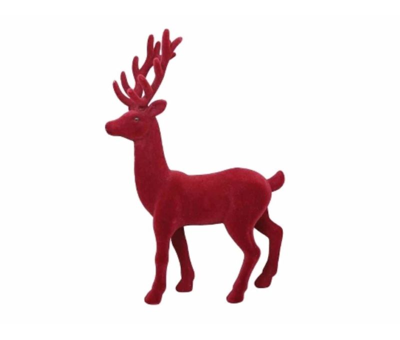 Cerf décoratif H37cm en velours floqué bordeaux, silhouette debout avec bois, finition douce monochrome