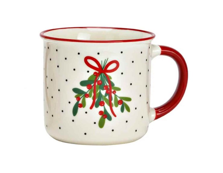 Mug en porcelaine 355 ml, décoré d’un motif de gui festif rouge et vert. P