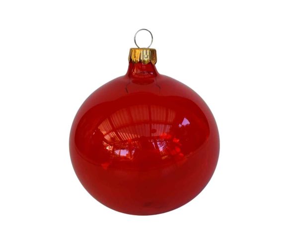 Boule de Noël rouge transparente verre brillant capsule dorée D8cm