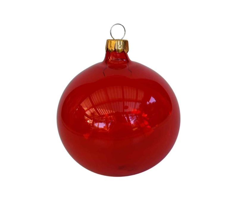 Boule de Noël rouge transparente verre brillant capsule dorée D8cm