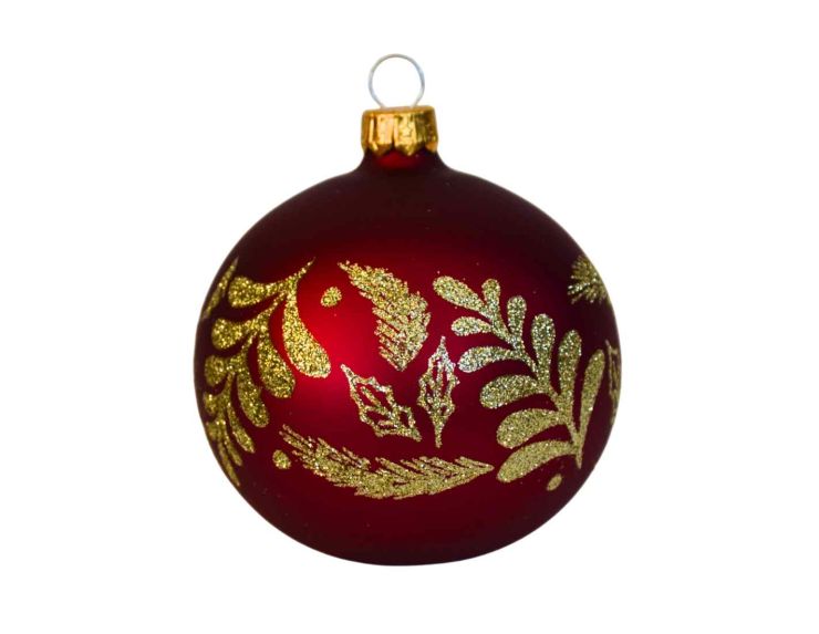Boule de Noël bordeaux feuillages dorés verre D 8cm