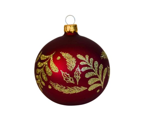Boule de Noël bordeaux mate verre feuillages dorés pailletés D8cm