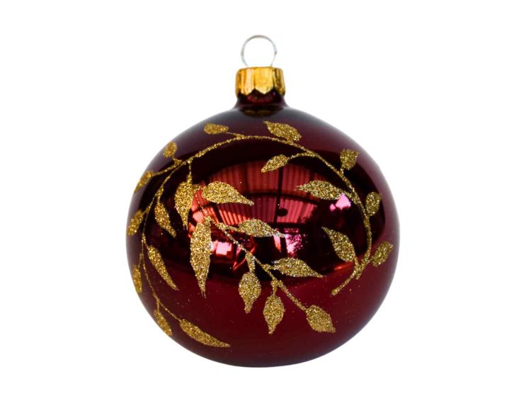 Boule de Noël bordeaux brillante feuilles verre D 8cm
