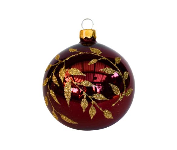 Boule de Noël bordeaux brillante verre branche feuilles dorées pailletées D8cm