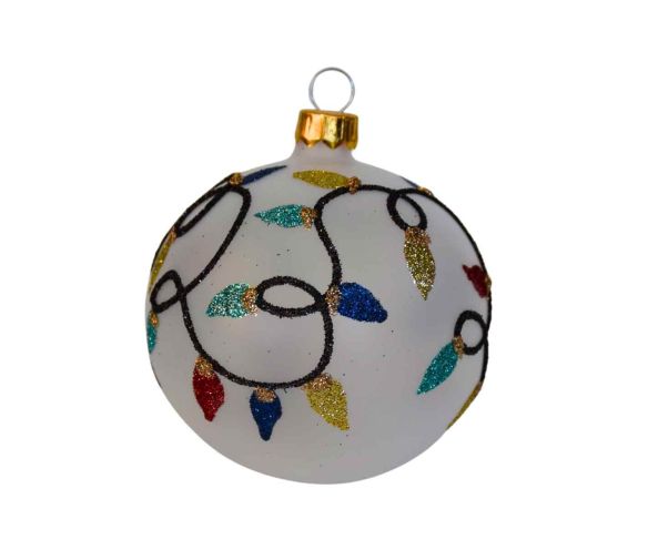 Boule de Noël blanche verre guirlande lumineuse multicolore pailletée D8cm