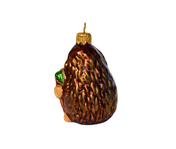 Suspension Noël verre soufflé hérisson marron souriant tenant pomme rouge verte blanche cœur doré paillettes H9cm