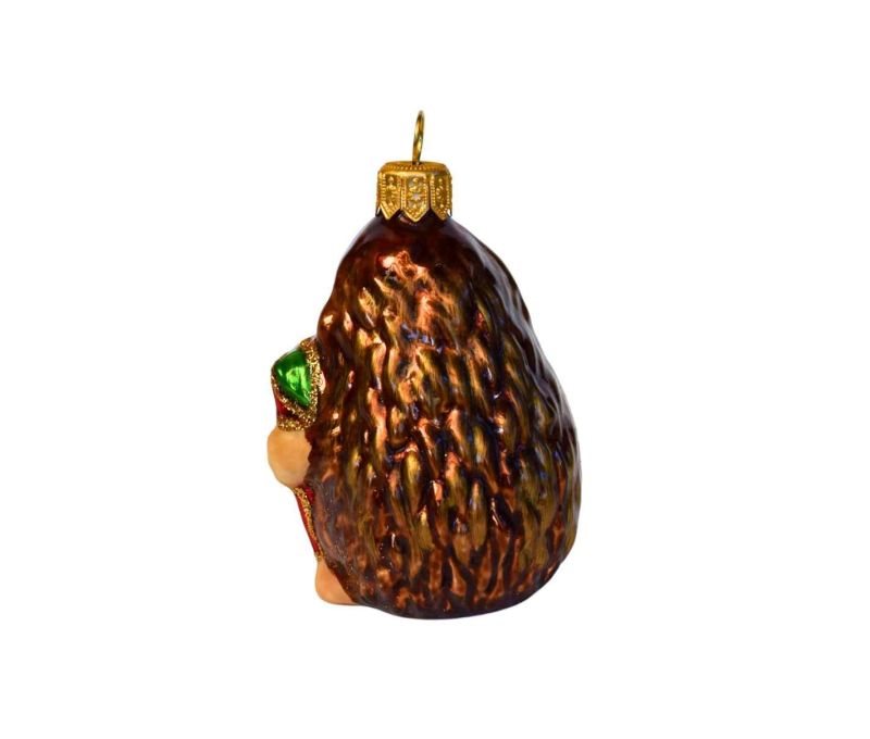 Suspension Noël verre soufflé hérisson marron souriant tenant pomme rouge verte blanche cœur doré paillettes H9cm