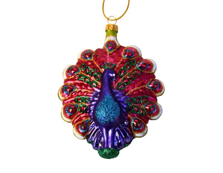 Boule de Noël paon verre soufflé H 11 cm