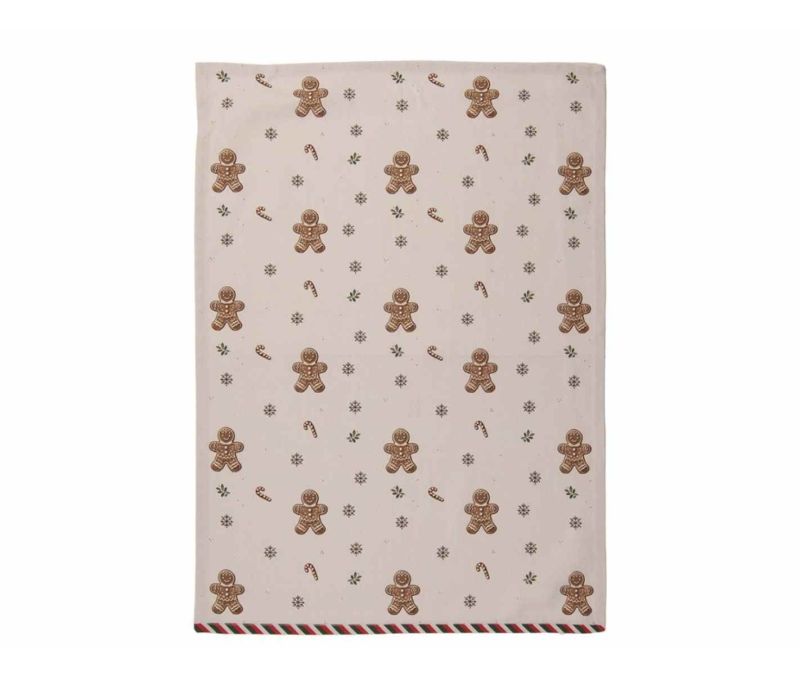 Torchon coton beige motifs bonhommes pain d'épices cannes à sucre flocons 50x70cm