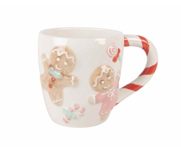Mug céramique blanc Noël bonhommes pain d'épices relief anse candy cane rouge blanc 400ml