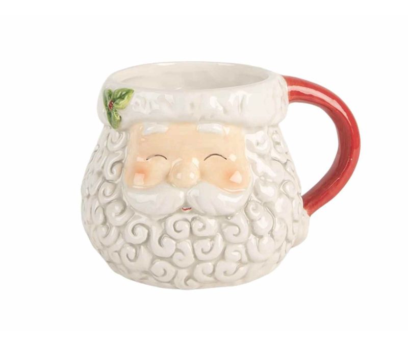 Grand mug céramique Noël visage Père Noël souriant barbe bouclée houx anse rouge 550ml