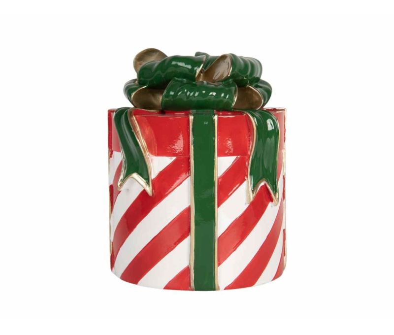 Décoration Noël forme cadeau rayures rouges blanches ruban nœud vert doré H21cm