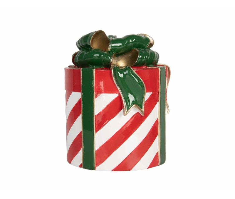 Décoration Noël forme cadeau rayures rouges blanches ruban nœud vert doré H21cm