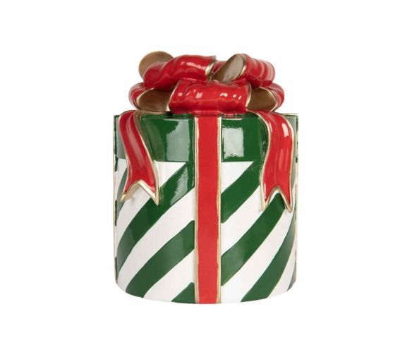 Décoration Noël forme cadeau rayures vert blanc ruban nœud rouge doré H25cm