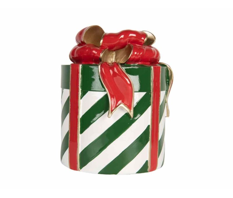 Décoration Noël forme cadeau rayures vert blanc ruban nœud rouge doré H25cm