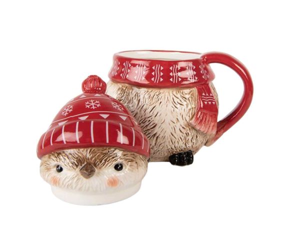 Mug céramique Noël hibou bonnet rouge écharpe festive couvercle 500ml