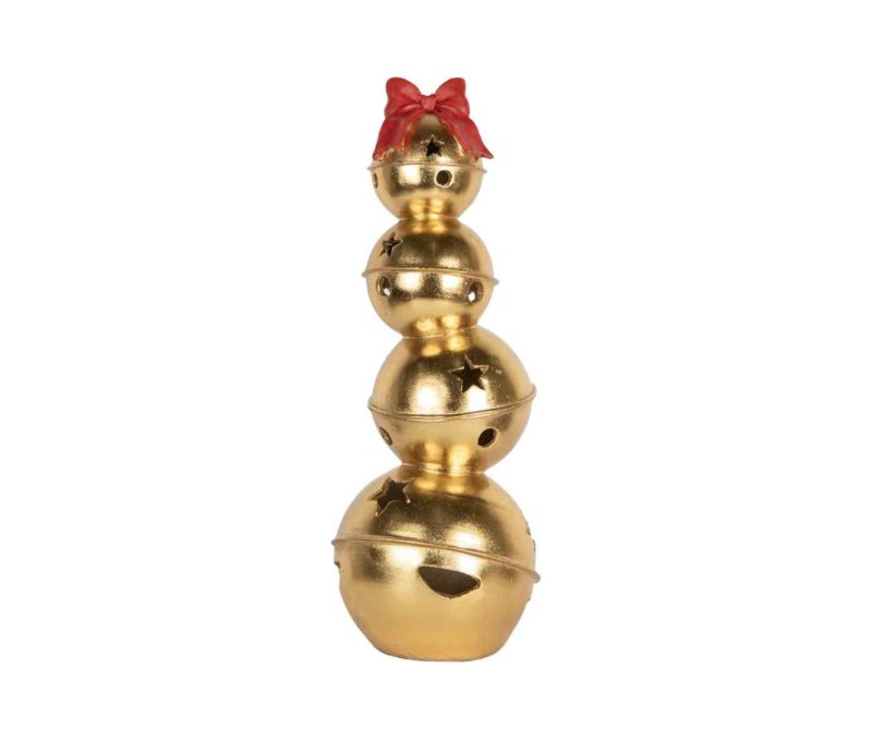 Décoration Noël cloches dorées empilées étoiles nœud rouge scintillant H54cm
