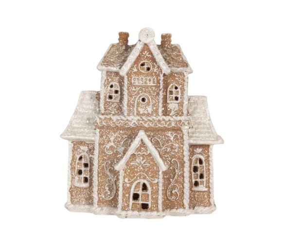 Maison pain d'épices givrée LED glaçage blanc paillettes décors floraux H20cm décoration Noël