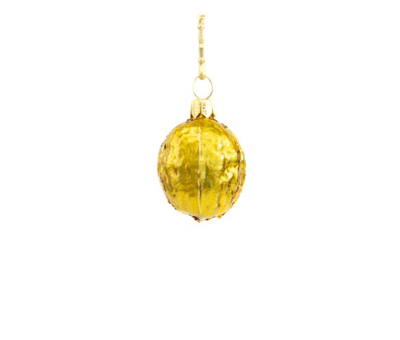 Suspension de noël en verre soufflé en forme de noix dorée. Décorée à la main. hauteur 4cm
