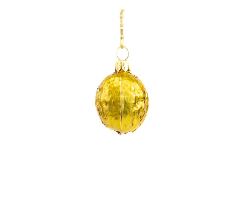 Suspension de noël en verre soufflé en forme de noix dorée. Décorée à la main. hauteur 4cm