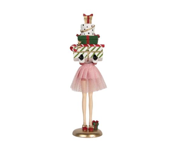 Figurine fille H36cm jupe rose scintillante, souliers rouges, pile de cadeaux Noël colorés sur la tête