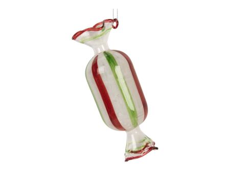 Suspension de Noël bonbon blanc en verre rayé rouge et vert, hauteur 13 cm.