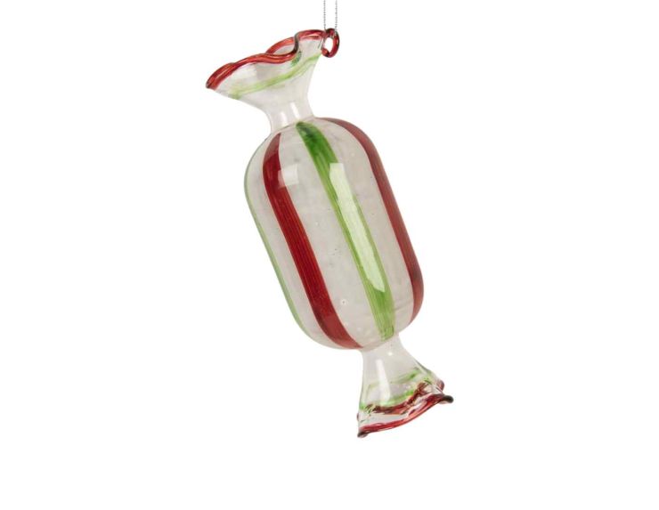 Suspension de Noël bonbon blanc en verre rayé rouge et vert, hauteur 13 cm.