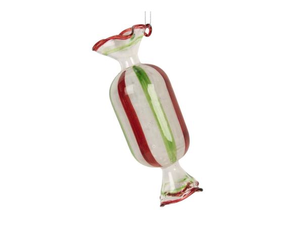 Suspension de Noël bonbon blanc en verre rayé rouge et vert, hauteur 13 cm.