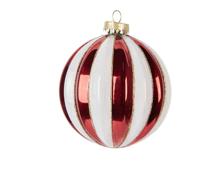 Boule de Noël rayée rouge blanc verre D 10 cm