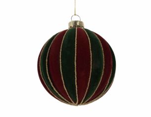 Boule de Noël en verre rouge et vert et paillettes dorées à effet velours, diamètre 8 cm.