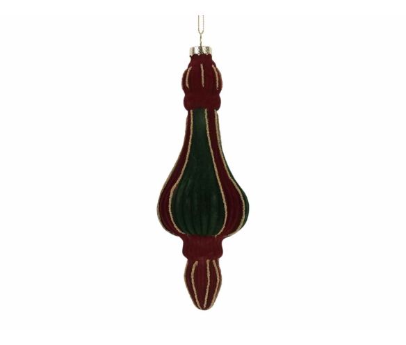 Suspension goutte verre velours bordeaux vert liserés dorés H17cm