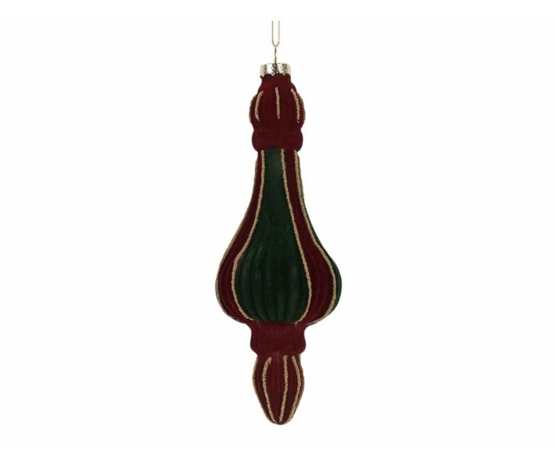 Suspension goutte verre velours bordeaux vert liserés dorés H17cm