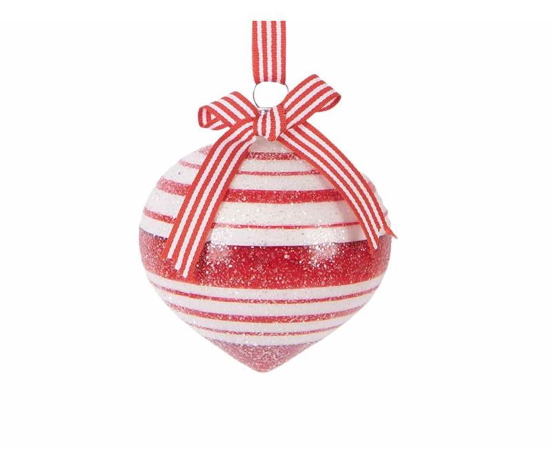 Suspension toupie verre rayures rouges blanches pailletées ruban assorti H8cm