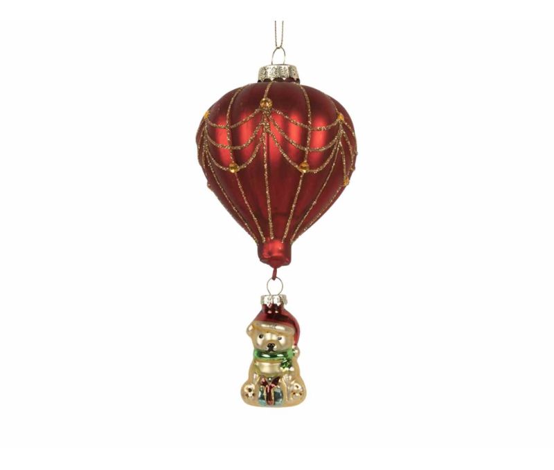 Suspension montgolfière rouge dorée ours bonnet Noël H15cm